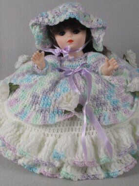 Handmade Bed Doll – Variegated Purple, Blue & White Crochet Outfit with Hat NEW